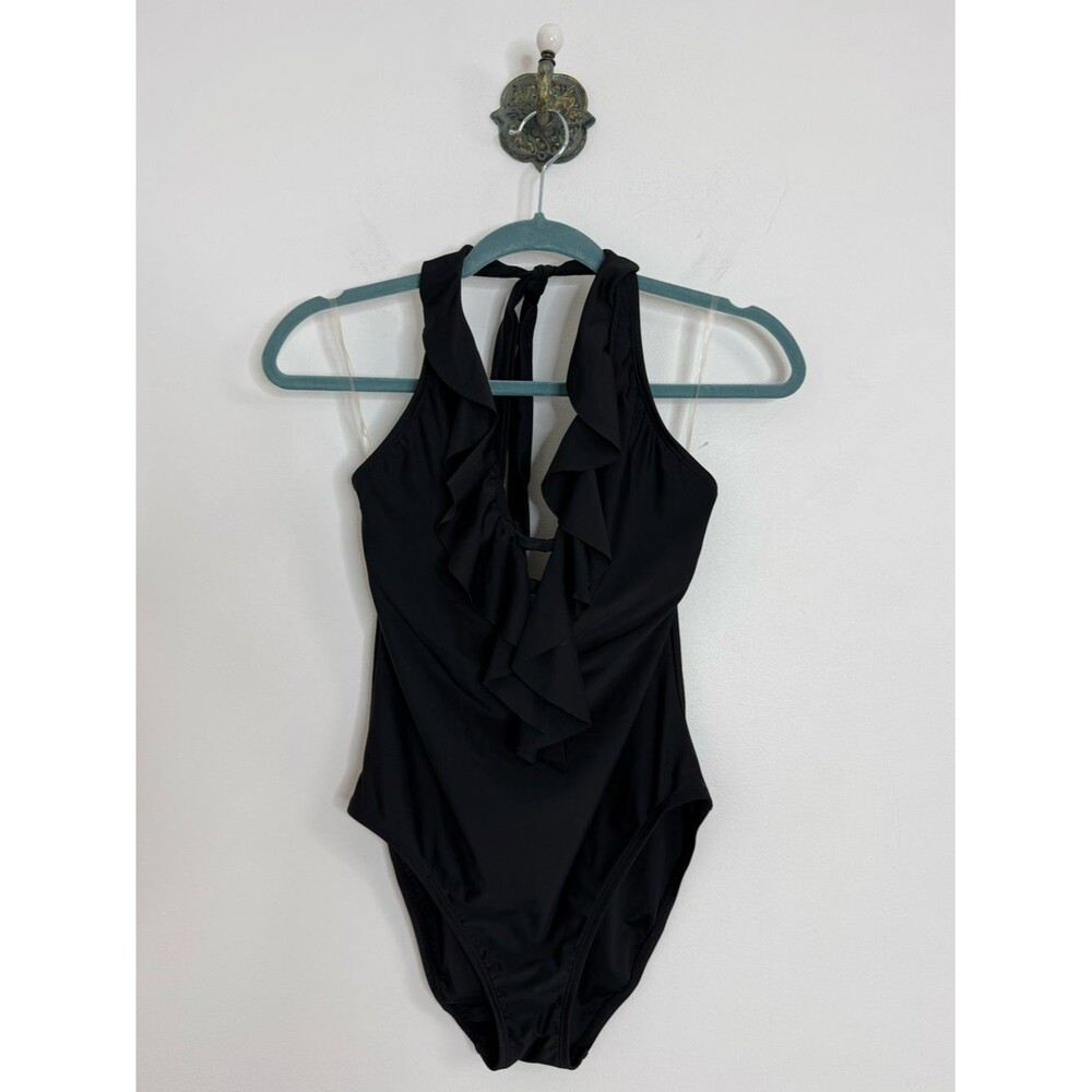 Bleu Rod Beattie Black Plunge Ruffle One Piece Swimsuit Halter Tie Size 6 NWT
